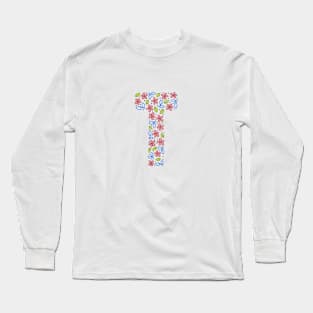 Floral Monogram Letter T - pink and blue Long Sleeve T-Shirt